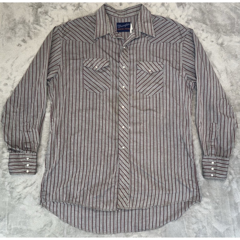 Wrangler Shirt Mens XL‎ Gray Red Stripe Western Pearl Snap X Long Tails Cowboy